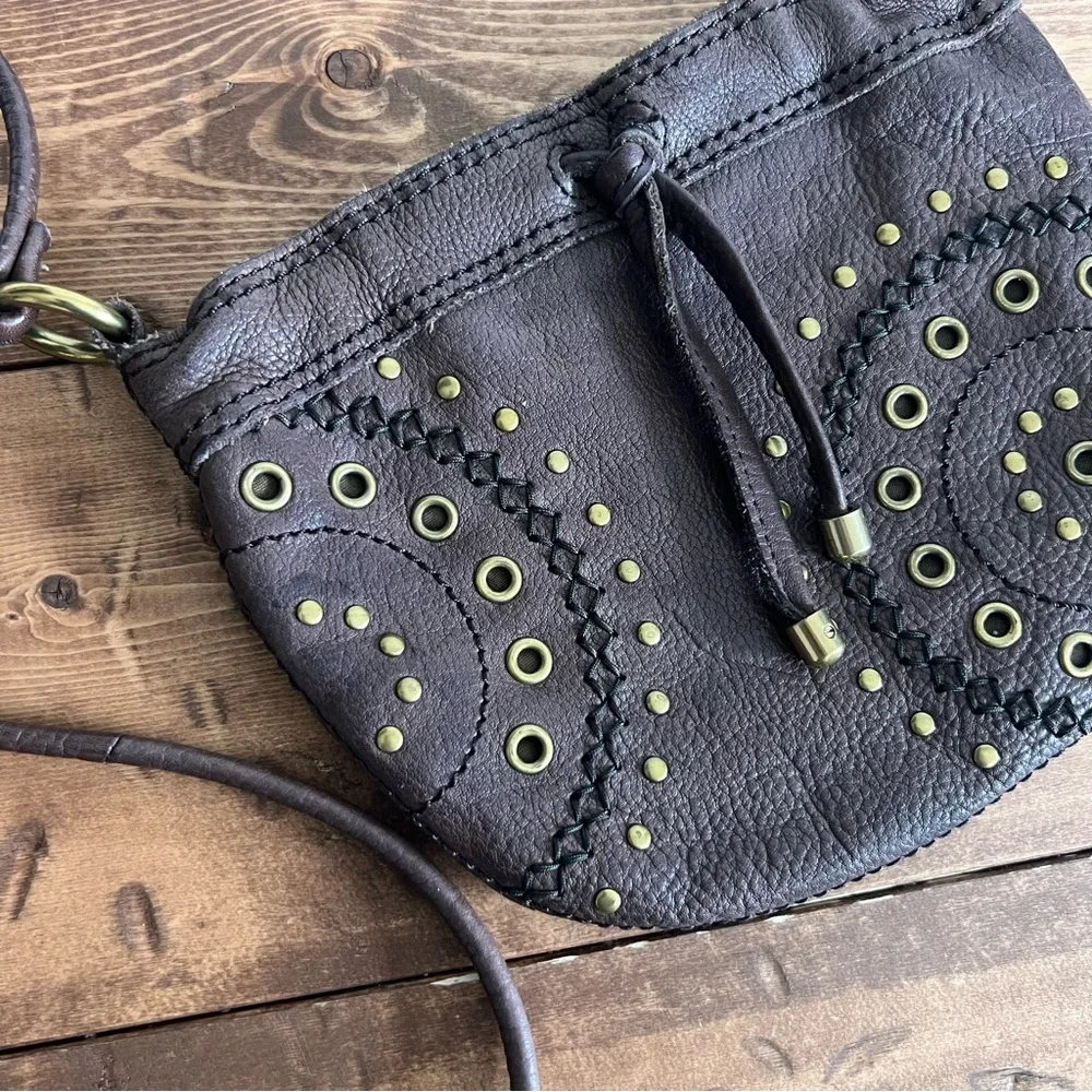 Fossil Small Brown Leather Crossbody Embellished Studded Purse Boho Festival Bag - Picture 2 of 15